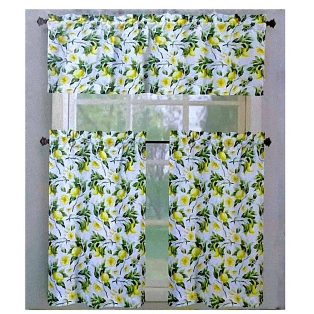 Tribeca Cafe Curtain Set Lemon Print 3 Piece Tier Set Fruit Floral White Yellow